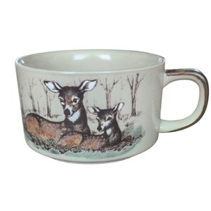 Vintage Stoneware Deer & Fawn Oversized Mug - Rustic Woodland